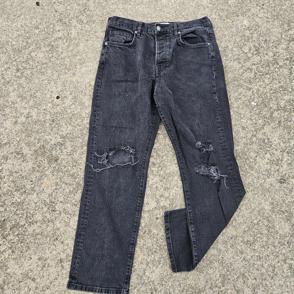 Free People 30 Black Distressed Jeans We The Free Super High Rise Straight Baggy